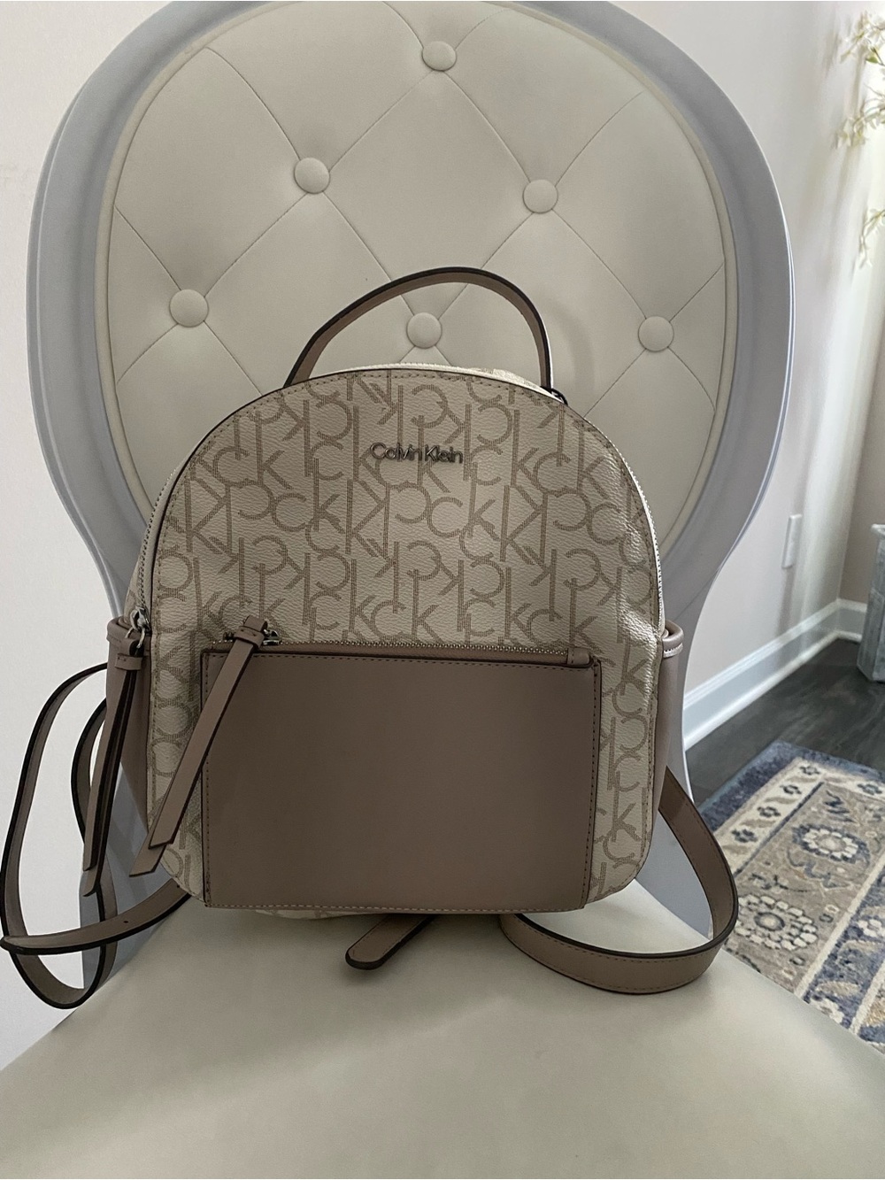 Calvin Klein Beige Monogram Backpack with Taupe Pocket